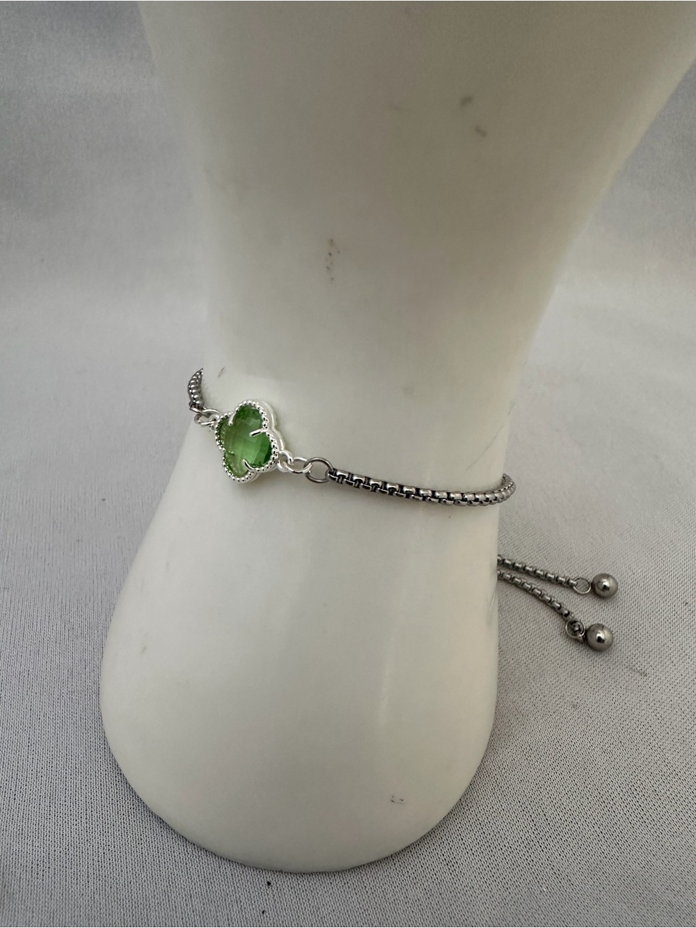 Silver tone Bolo Bracelet with Green Clover Charm- Women Jewelry